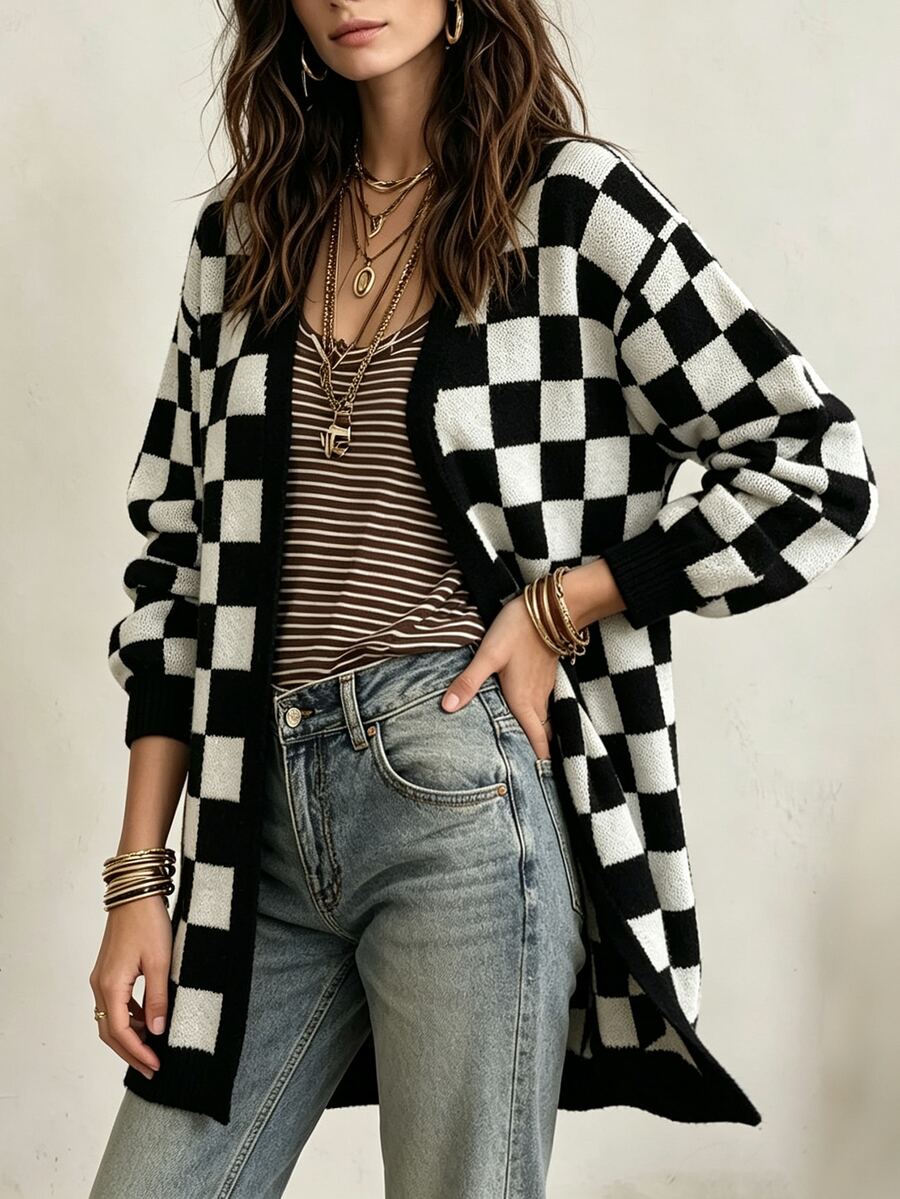 SHEIN Casual Loose Fit V-Neck Long Sleeve Black & White Checkerboard Women's Winter Cardigan, Fall Winter 2026, New Year, Christmas, Halloween,Night Out Outfit
