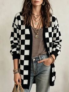 SHEIN Casual Loose Fit V-Neck Long Sleeve Black & White Checkerboard Women's Winter Cardigan, Fall Winter 2026, New Year, Christmas, Halloween,Night Out Outfit - Black and White - View 4