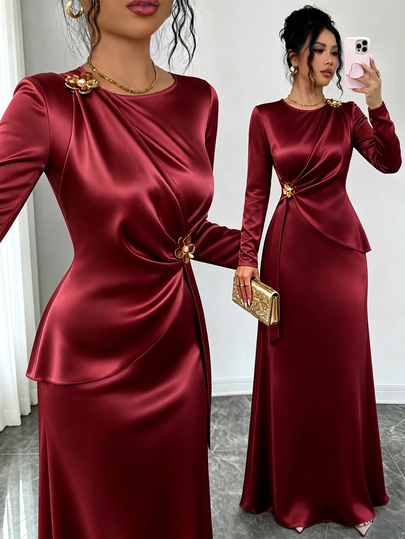 SHEIN Elenzya Elegant Satin Asymmetrical Shoulder Metal Floral Decor Waist-Cinching Fitted Long Sleeve Dress For Wedding, Party, Halloween