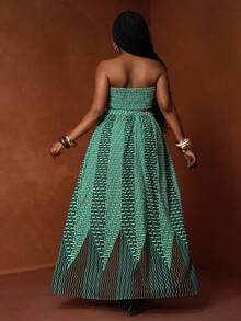 Slaydiva Set 2 pcs - Atasan Motif Afrika dengan Simpul Depan & Rok Hem Tinggi Rendah, Cocok untuk Festival Musik, Liburan, Pesta, dan Sehari-hari untuk Wanita Berukuran Besar - MultiWarna - View 2