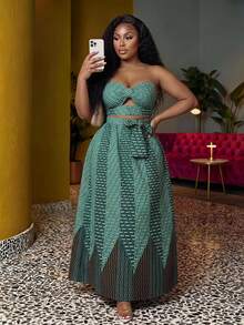 Slaydiva Set 2 pcs - Atasan Motif Afrika dengan Simpul Depan & Rok Hem Tinggi Rendah, Cocok untuk Festival Musik, Liburan, Pesta, dan Sehari-hari untuk Wanita Berukuran Besar - MultiWarna - View 1