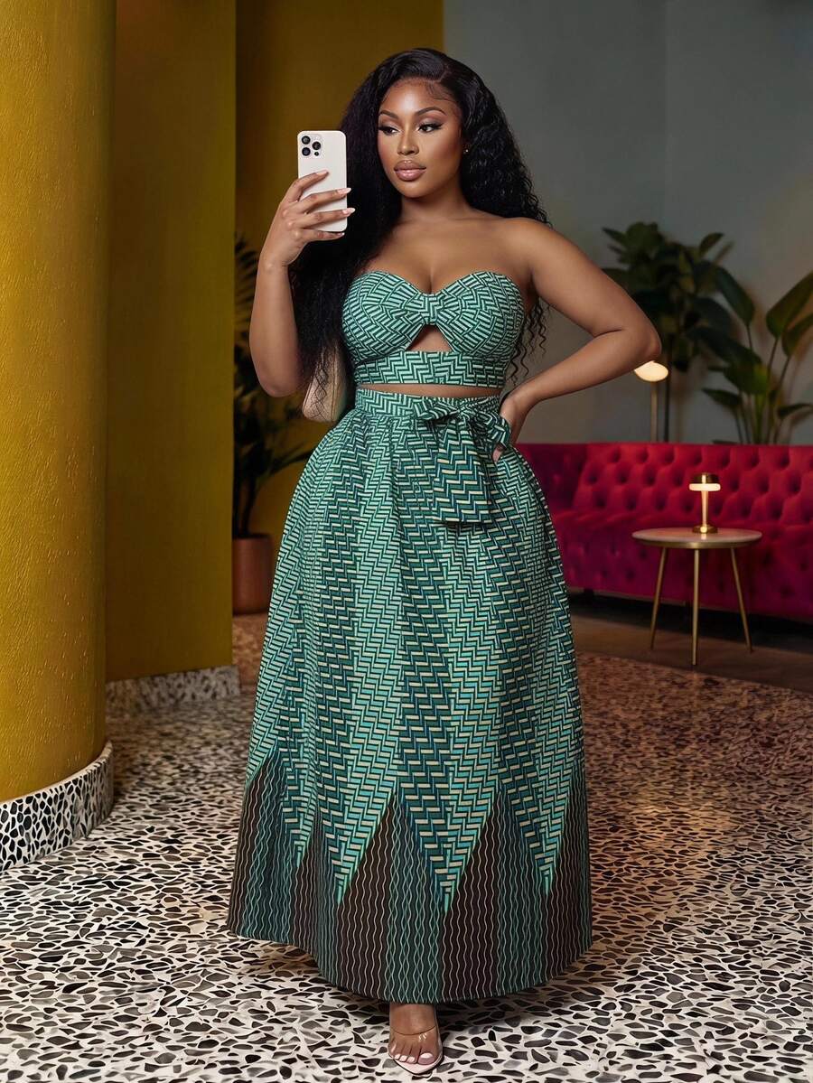 Slaydiva Set 2 pcs - Atasan Motif Afrika dengan Simpul Depan & Rok Hem Tinggi Rendah, Cocok untuk Festival Musik, Liburan, Pesta, dan Sehari-hari untuk Wanita Berukuran Besar - MultiWarna - View 1