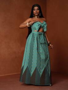 Slaydiva Set 2 pcs - Atasan Motif Afrika dengan Simpul Depan & Rok Hem Tinggi Rendah, Cocok untuk Festival Musik, Liburan, Pesta, dan Sehari-hari untuk Wanita Berukuran Besar - MultiWarna - View 7