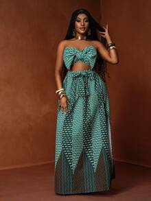 Slaydiva Set 2 pcs - Atasan Motif Afrika dengan Simpul Depan & Rok Hem Tinggi Rendah, Cocok untuk Festival Musik, Liburan, Pesta, dan Sehari-hari untuk Wanita Berukuran Besar - MultiWarna - View 6