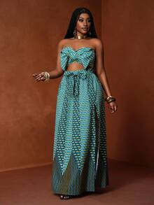 Slaydiva Set 2 pcs - Atasan Motif Afrika dengan Simpul Depan & Rok Hem Tinggi Rendah, Cocok untuk Festival Musik, Liburan, Pesta, dan Sehari-hari untuk Wanita Berukuran Besar - MultiWarna - View 5