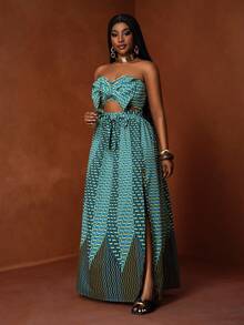 Slaydiva Set 2 pcs - Atasan Motif Afrika dengan Simpul Depan & Rok Hem Tinggi Rendah, Cocok untuk Festival Musik, Liburan, Pesta, dan Sehari-hari untuk Wanita Berukuran Besar - MultiWarna - View 4