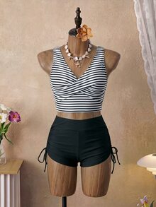 SHEIN Swim Celana Dalam Boxer Motif Garis-Garis dengan Bagian Bawah Terpisah dan Tali Samping, Pakaian Renang Musim Panas untuk Liburan Pantai dan Pesta, Set Pakaian Renang Tankini - MultiWarna - View 5