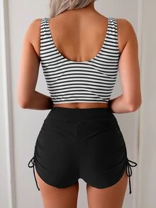 SHEIN Swim Celana Dalam Boxer Motif Garis-Garis dengan Bagian Bawah Terpisah dan Tali Samping, Pakaian Renang Musim Panas untuk Liburan Pantai dan Pesta, Set Pakaian Renang Tankini - MultiWarna - View 2
