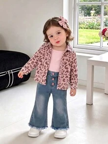 SHEIN 3件組幼女豹紋夾克牛仔褲套裝，可愛甜美粉藍蝴蝶結生邊喇叭褲，長袖領口開襟公主風，生日派對秋季假期穿搭 - 粉色 - 查看 1
