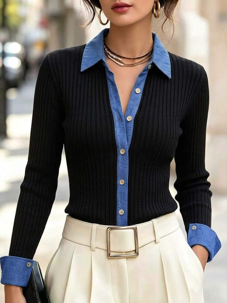 SHEIN Fall Clothes For Women, Collar Color Block Ribbed Knit Cardigan, Autumn Long Sleeve Button Down Outerwear, 2 In 1 Slim Fit Knit Coat - Multicolor - View 1