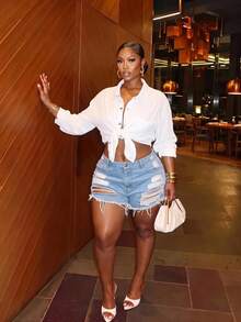 Veslaya Plus Size Women Texture Vacation Backless Loose Shirt - White - View 1