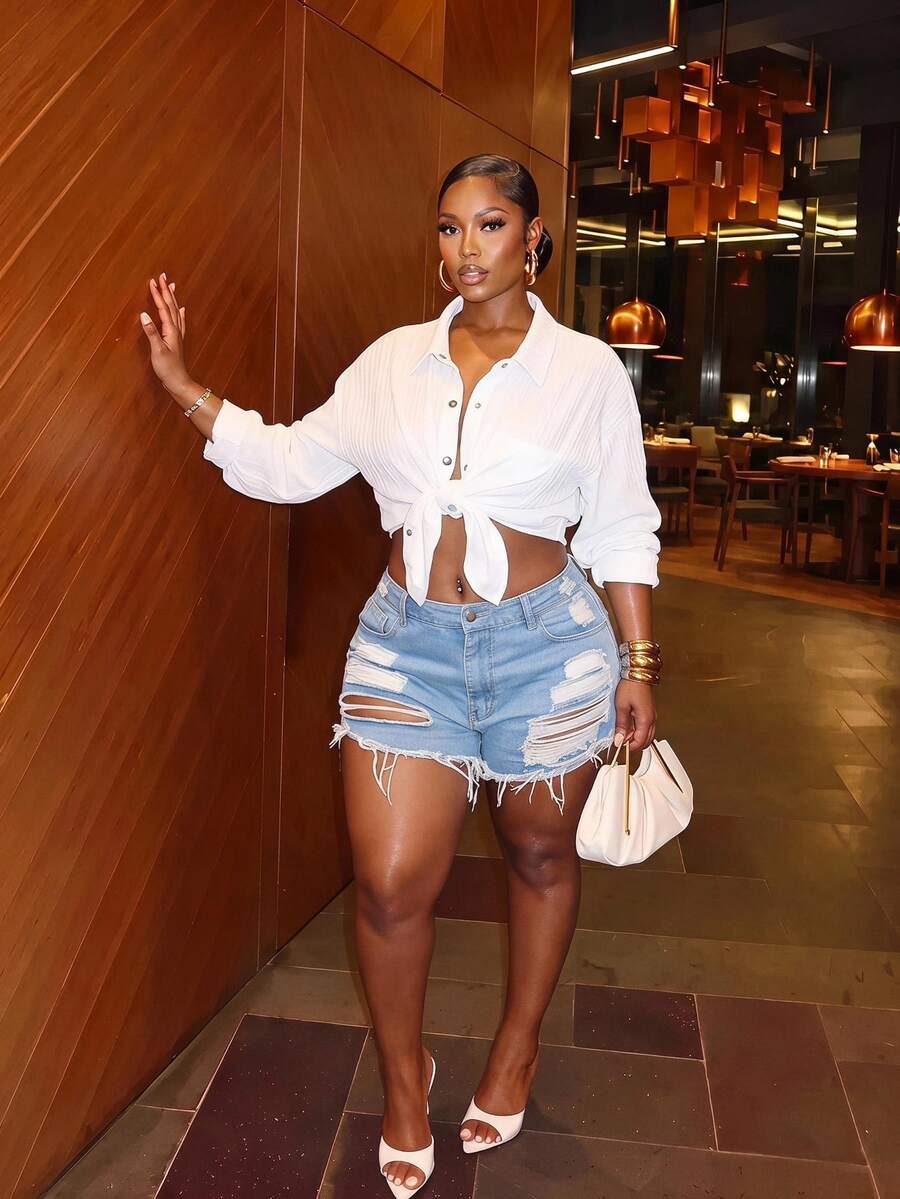 Veslaya Plus Size Women Texture Vacation Backless Loose Shirt - White - View 1