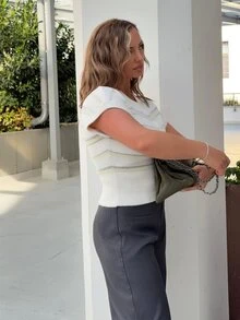 Jeta Ari 春夏针织条纹收腰长款短款开衫，秋季舒适可爱休闲咖啡俱乐部冬季优雅晚宴派对冬春毛衣情人节夏季短袖开衫女士夏季开衫夏季短袖毛衣 - 彩色 - 查看 4