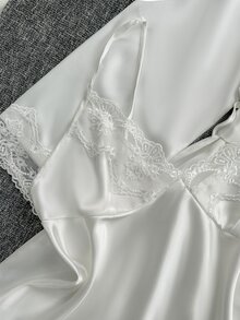 SilkySpell 4pcs Pajama Set: Embroidered V-Neck Satin Slip Dress And Camisole Top & Shorts And Bath Robe Bridal Lingerie Set, Fall Winter Clothes - White - View 3