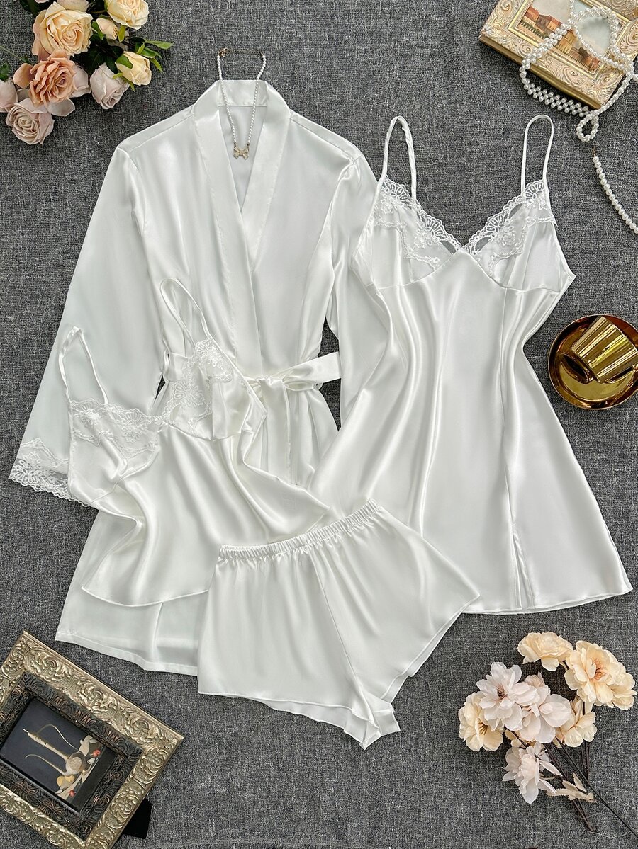 SilkySpell 4pcs Pajama Set: Embroidered V-Neck Satin Slip Dress And Camisole Top & Shorts And Bath Robe Bridal Lingerie Set, Fall Winter Clothes - White - View 1