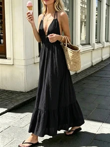 OPHERINE 女款春夏新款長洋裝，法式休閒黑色細肩帶洋裝，性感深V領露背黑色洋裝，海島度假大裙擺黑色洋裝，休閒慵懶風黑色長洋裝，極簡黑色洋裝，適合海島度假、海灘散步、派對、聚會的夏季洋裝 - 黑色 - 查看 6
