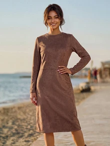 Faunlyn Women's Simple Fashion Long Sleeve Dress For Vacation And Travel Fall Clothes For Women Winter Outfit For Women - Brown - View 4