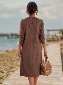 Faunlyn Women's Simple Fashion Long Sleeve Dress For Vacation And Travel Fall Clothes For Women Winter Outfit For Women - Brown - View 2