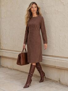Faunlyn Women's Simple Fashion Long Sleeve Dress For Vacation And Travel Fall Clothes For Women Winter Outfit For Women - Brown - View 1
