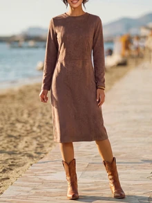 Faunlyn Women's Simple Fashion Long Sleeve Dress For Vacation And Travel Fall Clothes For Women Winter Outfit For Women - Brown - View 5