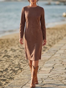 Faunlyn Women's Simple Fashion Long Sleeve Dress For Vacation And Travel Fall Clothes For Women Winter Outfit For Women - Brown - View 3