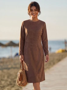 Faunlyn Women's Simple Fashion Long Sleeve Dress For Vacation And Travel Fall Clothes For Women Winter Outfit For Women - Brown - View 7