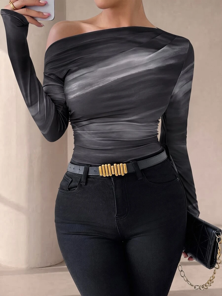 Xyvia Marble Gradient Print Asymmetrical Neck Long Sleeve T-Shirt With Pleats Graphic Tees Women Tops For Spring Fall Cloth For Women - Black and White - View 1