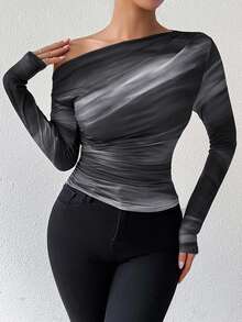 Xyvia Marble Gradient Print Asymmetrical Neck Long Sleeve T-Shirt With Pleats Graphic Tees Women Tops For Spring Fall Cloth For Women - Black and White - View 6