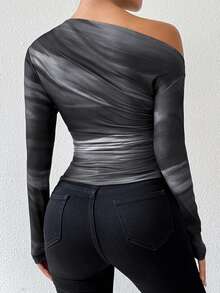 Xyvia Marble Gradient Print Asymmetrical Neck Long Sleeve T-Shirt With Pleats Graphic Tees Women Tops For Spring Fall Cloth For Women - Black and White - View 2