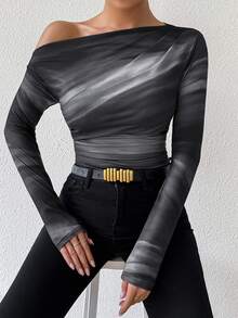 Xyvia Marble Gradient Print Asymmetrical Neck Long Sleeve T-Shirt With Pleats Graphic Tees Women Tops For Spring Fall Cloth For Women - Black and White - View 8