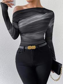 Xyvia Marble Gradient Print Asymmetrical Neck Long Sleeve T-Shirt With Pleats Graphic Tees Women Tops For Spring Fall Cloth For Women - Black and White - View 3