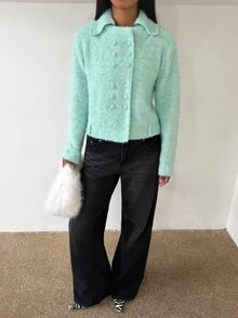 SHEIN BAE Regular Women's Double-Breasted Cardigan Sweater - Green - View 5