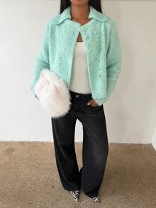 SHEIN BAE Regular Women's Double-Breasted Cardigan Sweater - Green - View 4