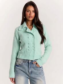 SHEIN BAE Regular Women's Double-Breasted Cardigan Sweater - Green - View 8
