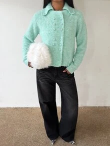SHEIN BAE Regular Women's Double-Breasted Cardigan Sweater - Green - View 1
