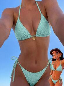 SHEIN Swim 2件套纯色向日葵图案三角挂脖式前胸时尚金属花朵装饰可爱网红度假比基尼泳装女款 - 綠色 - 查看 1
