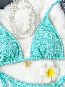 SHEIN Swim 2件套纯色向日葵图案三角挂脖式前胸时尚金属花朵装饰可爱网红度假比基尼泳装女款 - 綠色 - 查看 5