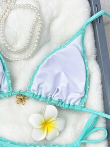 SHEIN Swim 2件套纯色向日葵图案三角挂脖式前胸时尚金属花朵装饰可爱网红度假比基尼泳装女款 - 綠色 - 查看 6