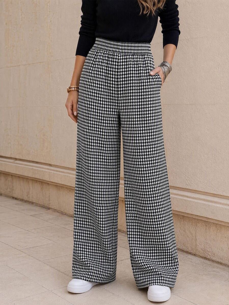 Faunlyn Women's Casual Commute Houndstooth Straight Leg Pants Fall Clothes For Women Winter Outfit For Women - Black and White - View 1