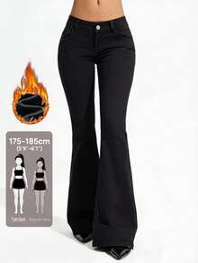 SHEIN Tall Celana Jeans Denim Wanita Kasual Serbaguna Model Flare dengan Kantong - Hitam - View 2