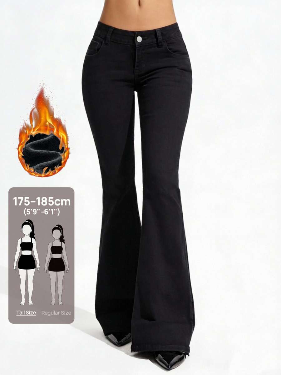 SHEIN Tall Celana Jeans Denim Wanita Kasual Serbaguna Model Flare dengan Kantong