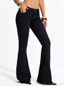 SHEIN Tall Celana Jeans Denim Wanita Kasual Serbaguna Model Flare dengan Kantong - Hitam - View 7