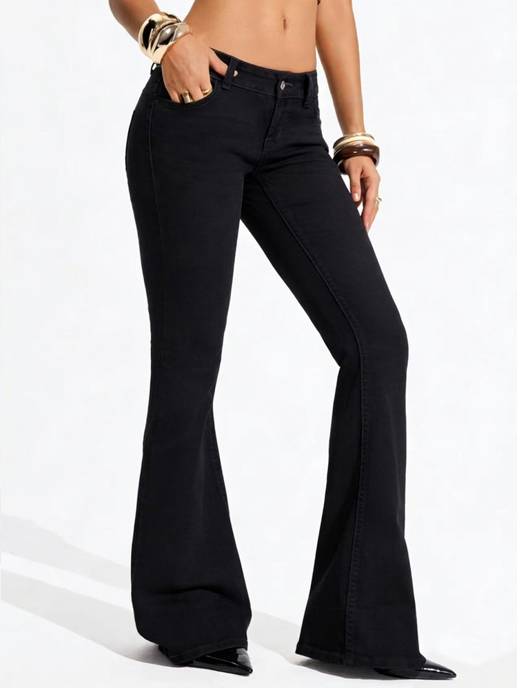 SHEIN Tall Women's Casual Versatile Flare Leg Denim Jeans With Pockets - Black - View 6