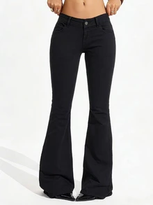 SHEIN Tall Celana Jeans Denim Wanita Kasual Serbaguna Model Flare dengan Kantong - Hitam - View 4