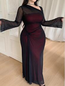 Feyla Plus Size Elegant Sexy Asymmetrical Neckline Mesh Long Sleeve Dress - Black - View 7