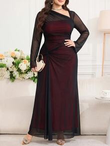 Feyla Plus Size Elegant Sexy Asymmetrical Neckline Mesh Long Sleeve Dress - Black - View 6