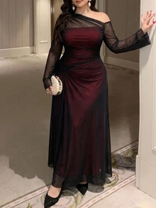 Feyla Plus Size Elegant Sexy Asymmetrical Neckline Mesh Long Sleeve Dress - Black - View 1