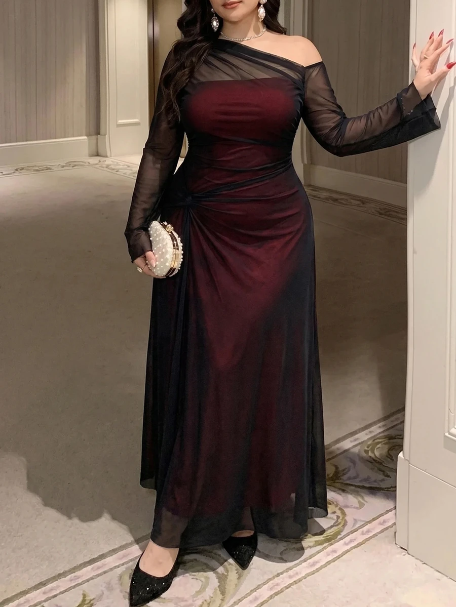 Feyla Plus Size Elegant Sexy Asymmetrical Neckline Mesh Long Sleeve Dress - Black - View 1