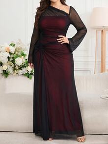 Feyla Plus Size Elegant Sexy Asymmetrical Neckline Mesh Long Sleeve Dress - Black - View 4
