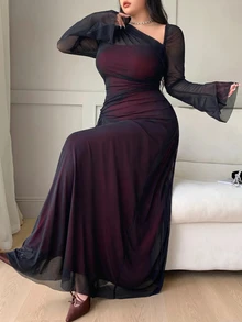 Feyla Plus Size Elegant Sexy Asymmetrical Neckline Mesh Long Sleeve Dress - Black - View 5